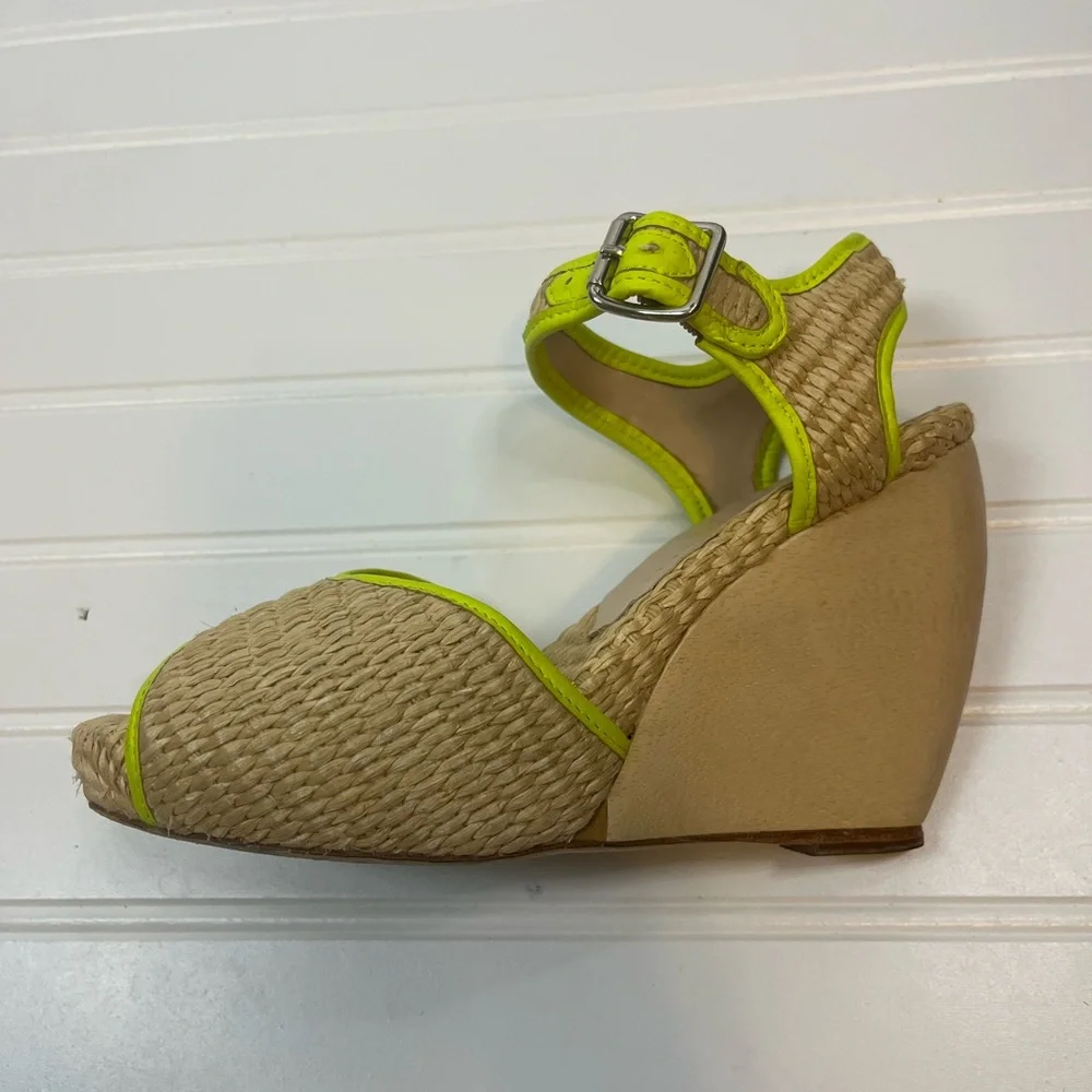 Loeffler Randall 5.5B Wedge Sandals Neon Trim Raffia Straw Peep Toe‎ Shoes